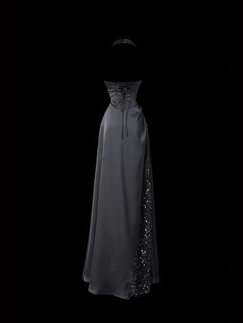 Gothic Black Halter Neck Dress for Wedding Guest - Black Satin Evening Dress Plus Size